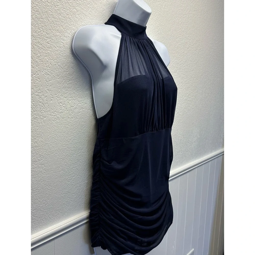 V501 Venus Women’s Sz Lg High Collar Navy Ruche Sleeveless Blouse NWOT - Picture 5 of 14